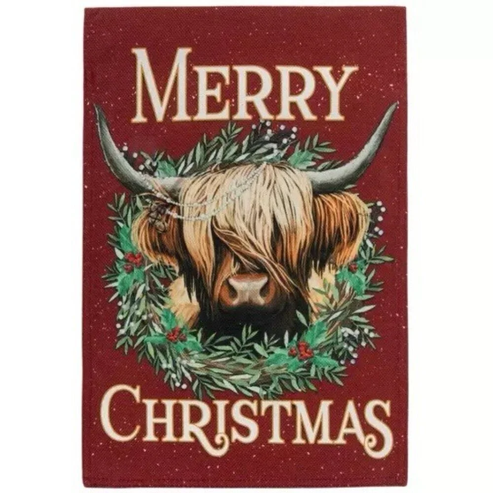 Highland Cow Merry Christmas 4pc Bundle (Stocking, Flag, 2 Tree Ornaments) New